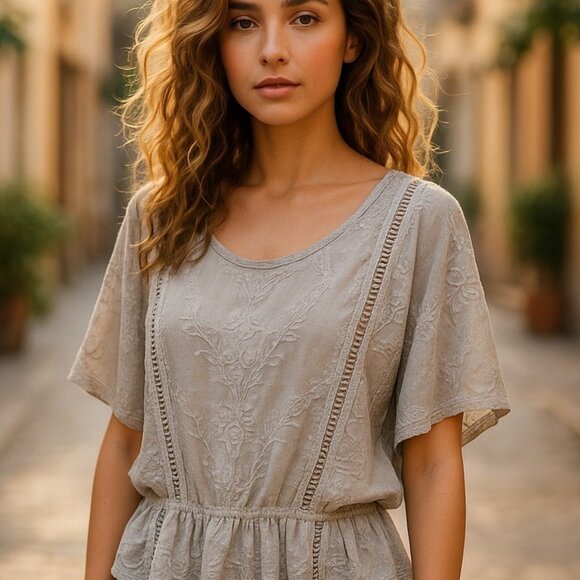 Anthropologie Tops - DEMOCRACY ANTHRO Embroidered Ecru Lace Blouse M Batwing Sleeves Elastic Hem Top